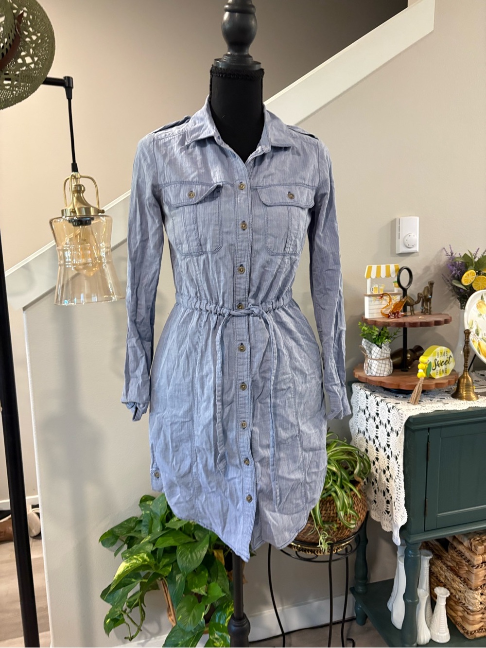 GAP Light Blue Long-Sleeve Button Front Shirt Dress